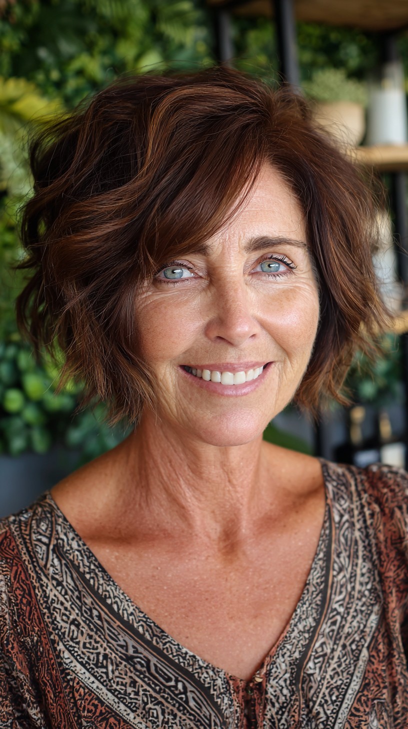 Chestnut Side-Part Tousled Chin-Length Bob with Diagonal Fringe