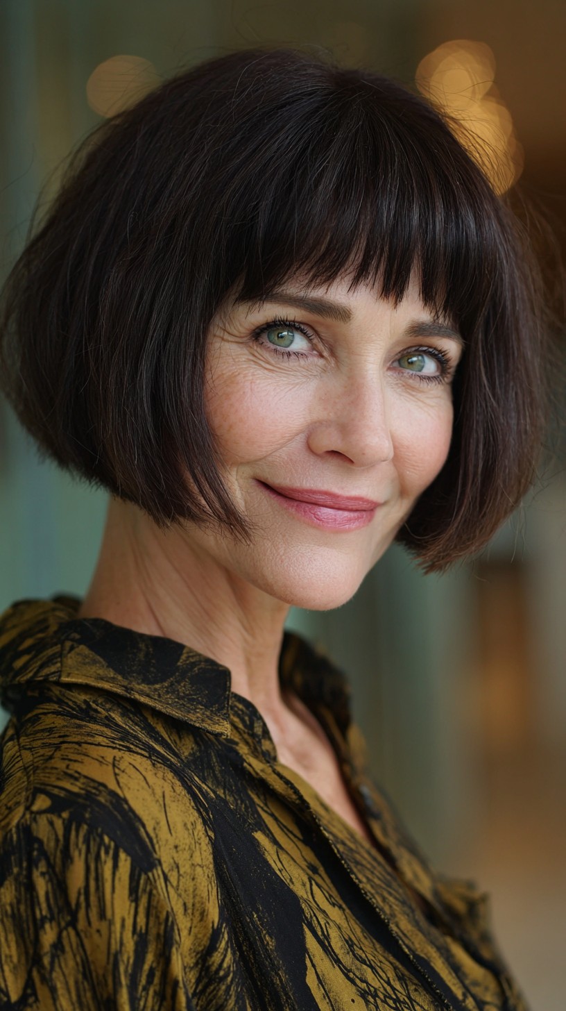 Chic Rounded Chin-Length Bob with Brow-Grazing Blunt Fringe
