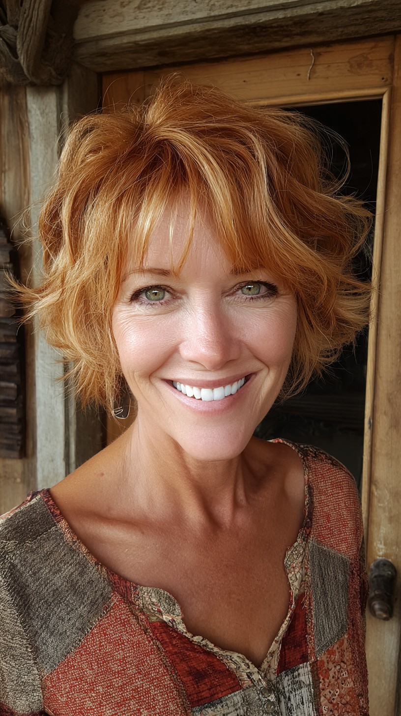 Chin-Length Copper Tousled Bob with Soft Feathered Fringe