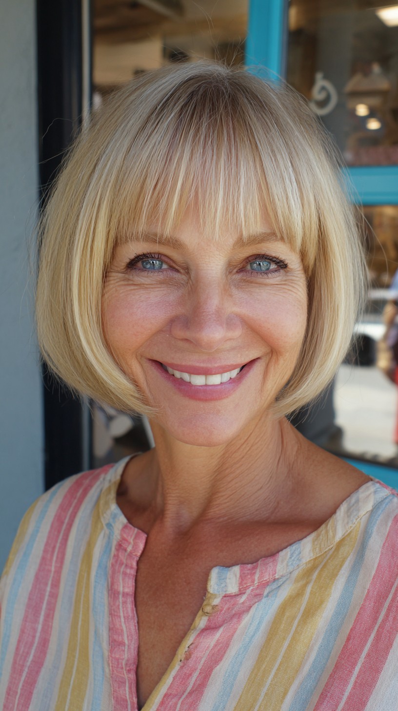 Chin-Length Rounded Bob with Soft Blunt Micro-Bangs
