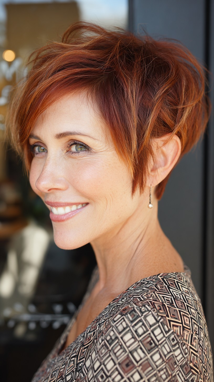 Choppy Copper Angled Pixie with Face-Framing Streaks