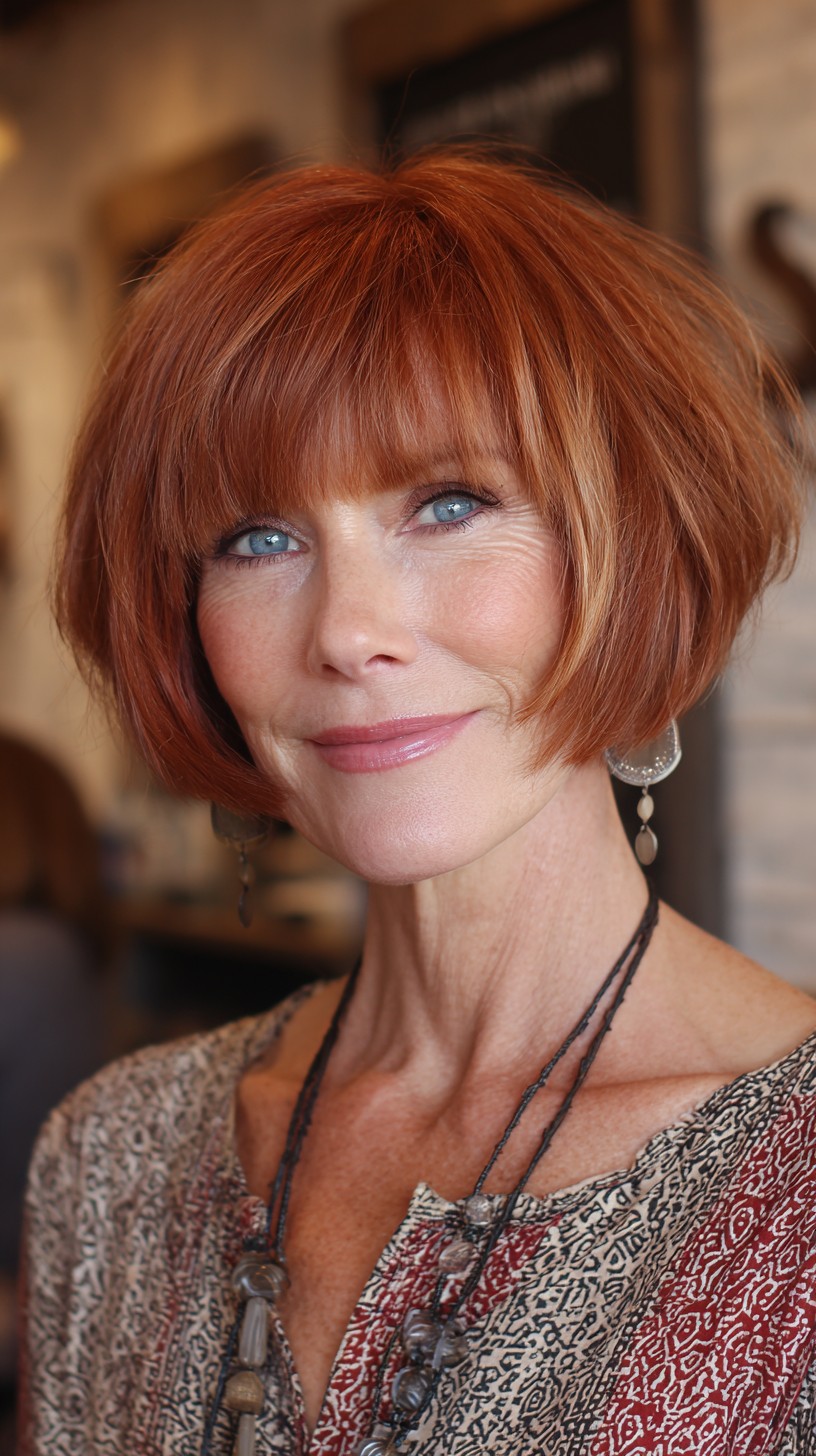 Copper Rounded Chin-Length Bob with Soft Blunt Fringe and Temple Babylight