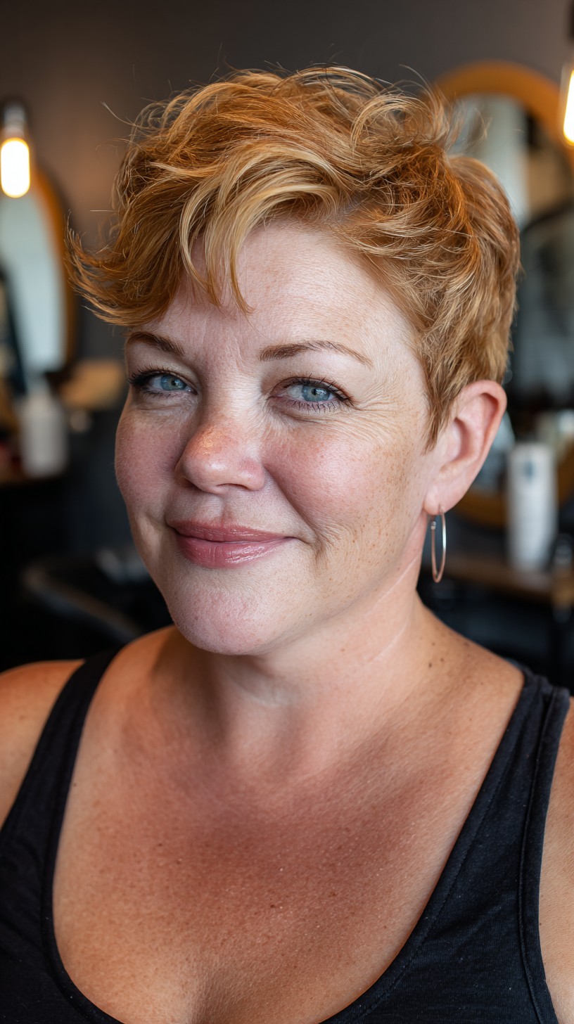 Copper Textured Pixie with Swooped Top and Tapered Nape