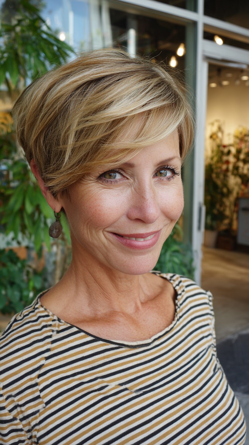 Feathered Blonde Pixie with Graduated Nape and Side Fringe