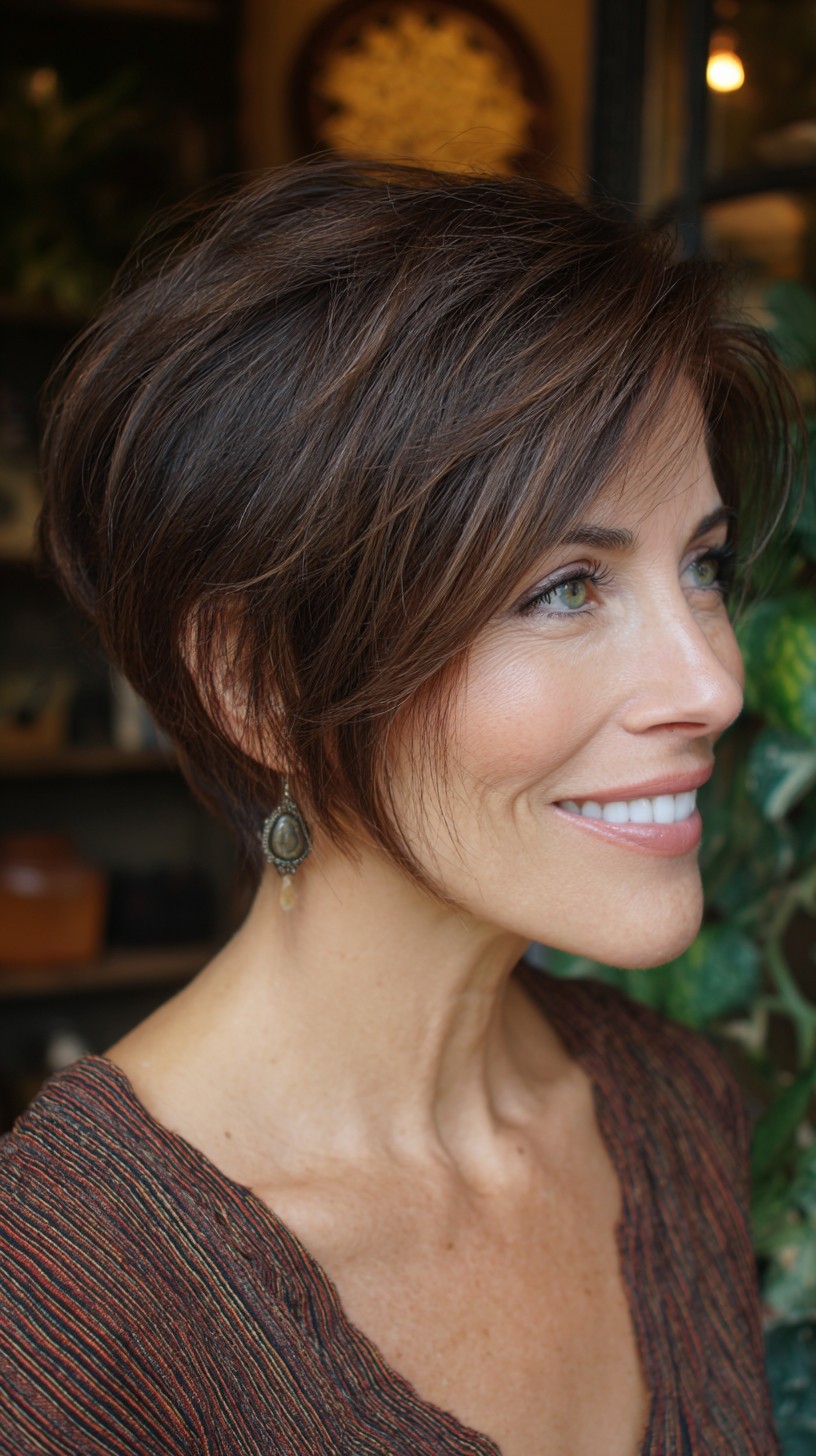 Feathered Brown Angled Pixie with Face-Framing Layers