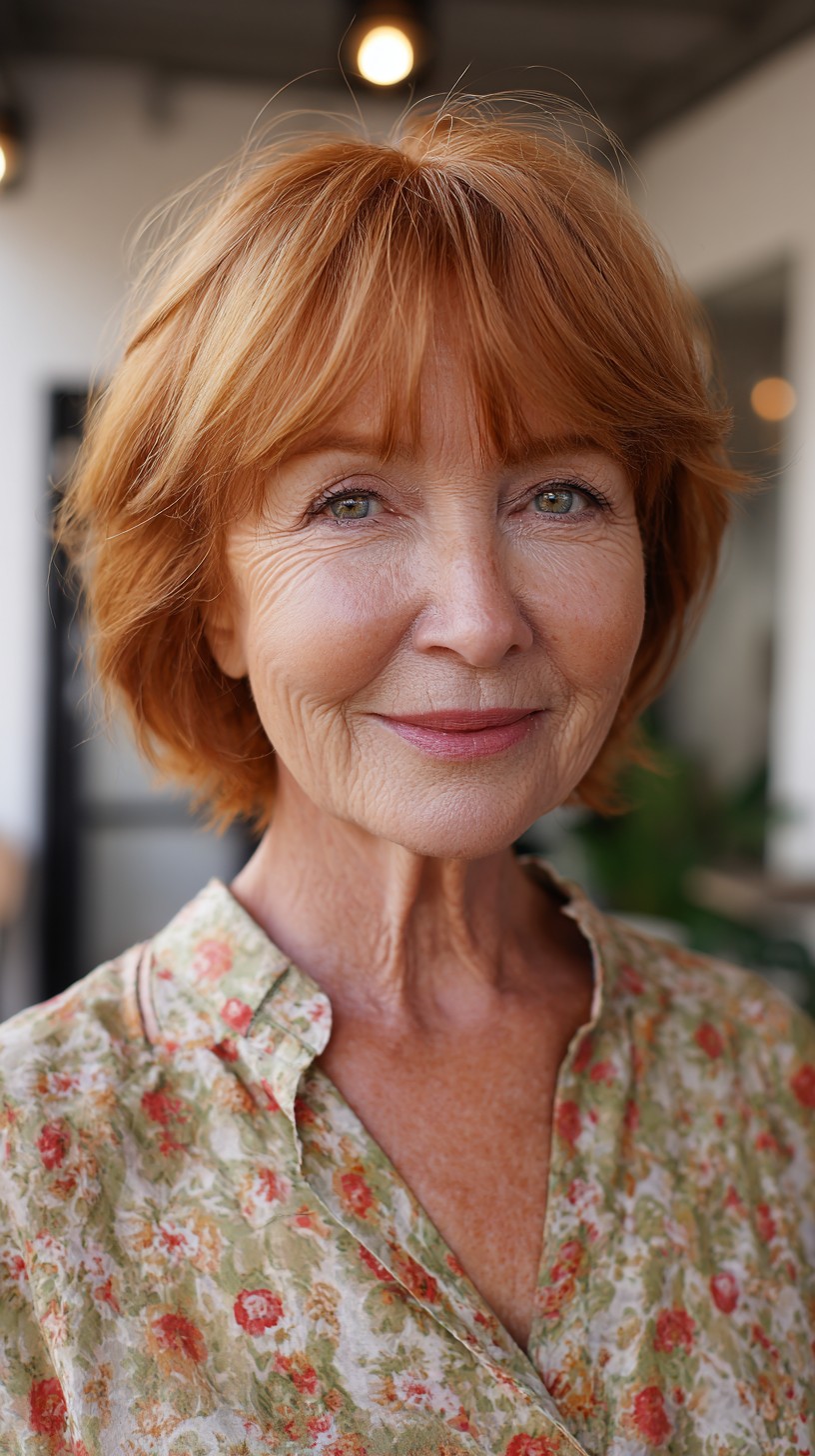 Feathered Copper Short Bob with Wispy Curtain Fringe