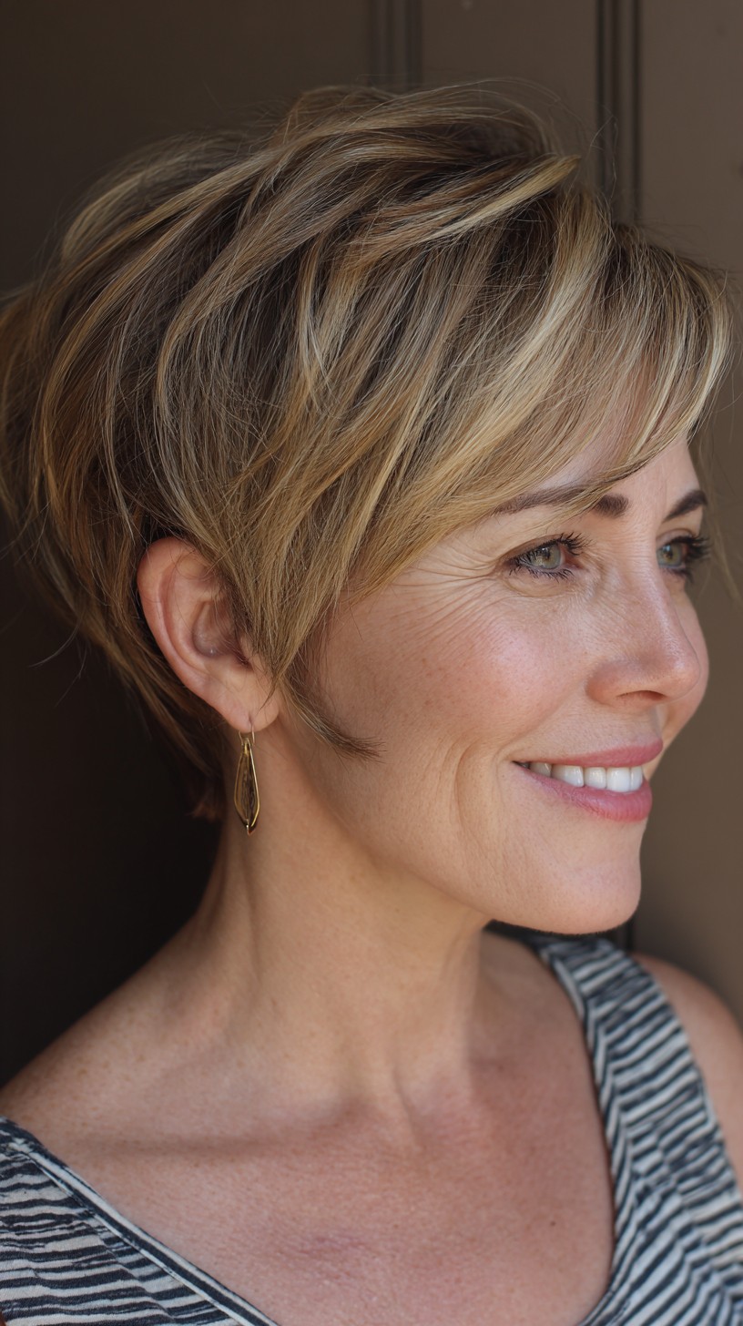 Layered Angled Pixie with Soft Diagonal Fringe and Root Melt