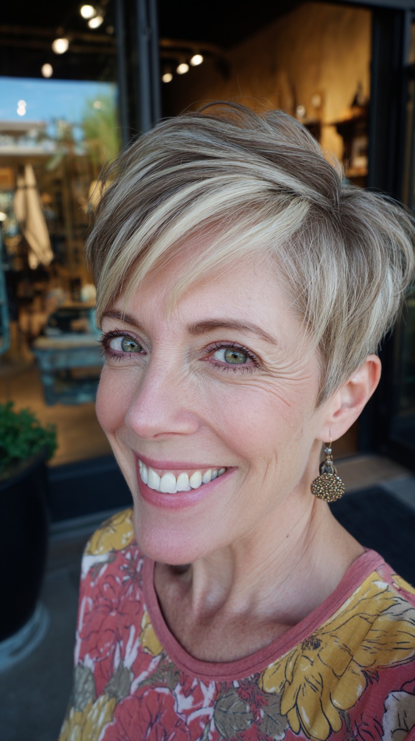 Lifted Short Blonde Pixie with Strategic Face-Framing Babylights