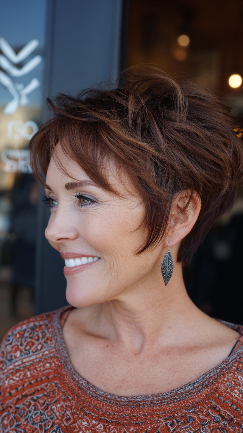 Modern Auburn Angled Pixie with Feathered Top