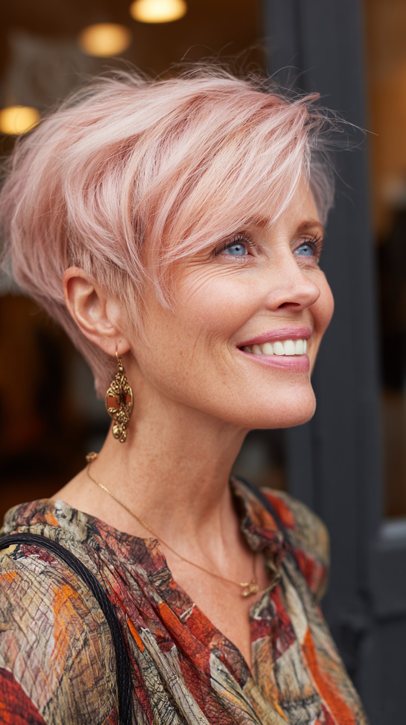Pastel Rose Angular Pixie with Feathered Diagonal Fringe