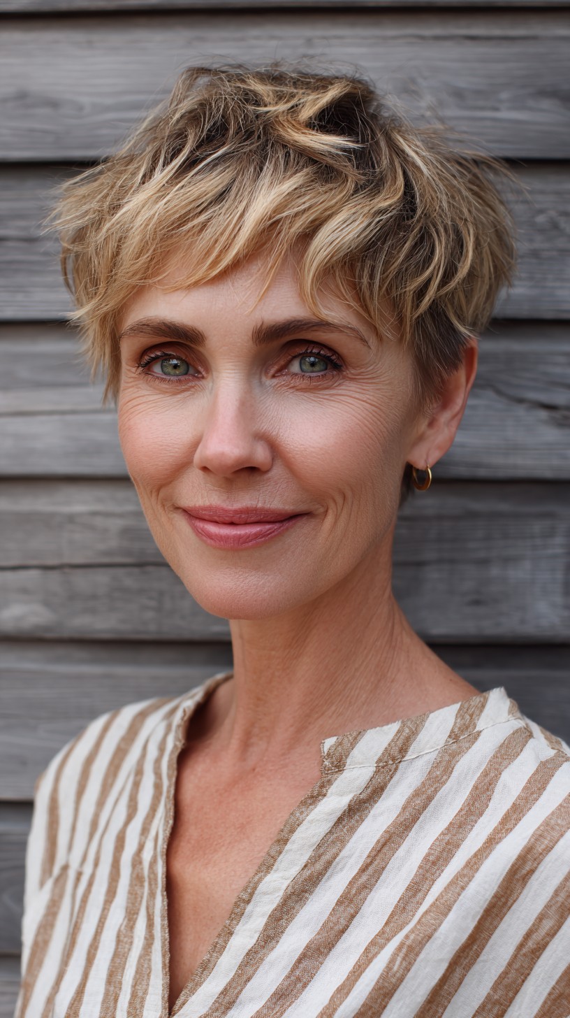 Piecey Champagne Blonde Pixie with Soft Feathered Fringe