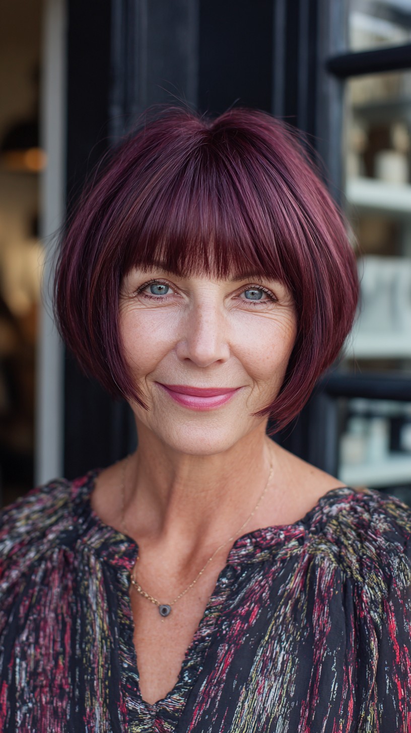 Plum Rounded Chin-Length Bob with Soft Blunt Fringe and Subtle Stack