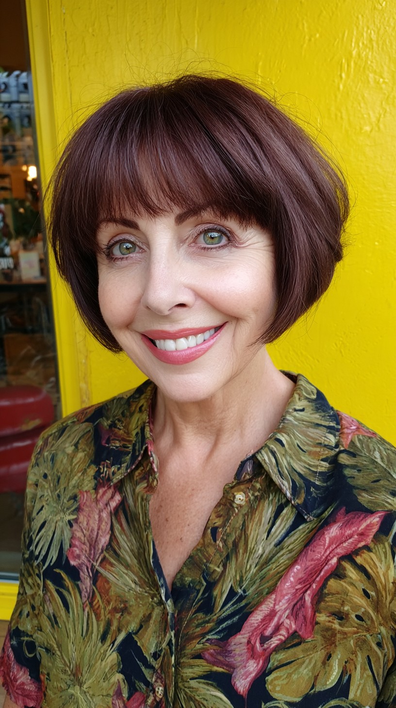 Polished Rounded Stacked Bob with Soft Brow Fringe and Lifted Crown