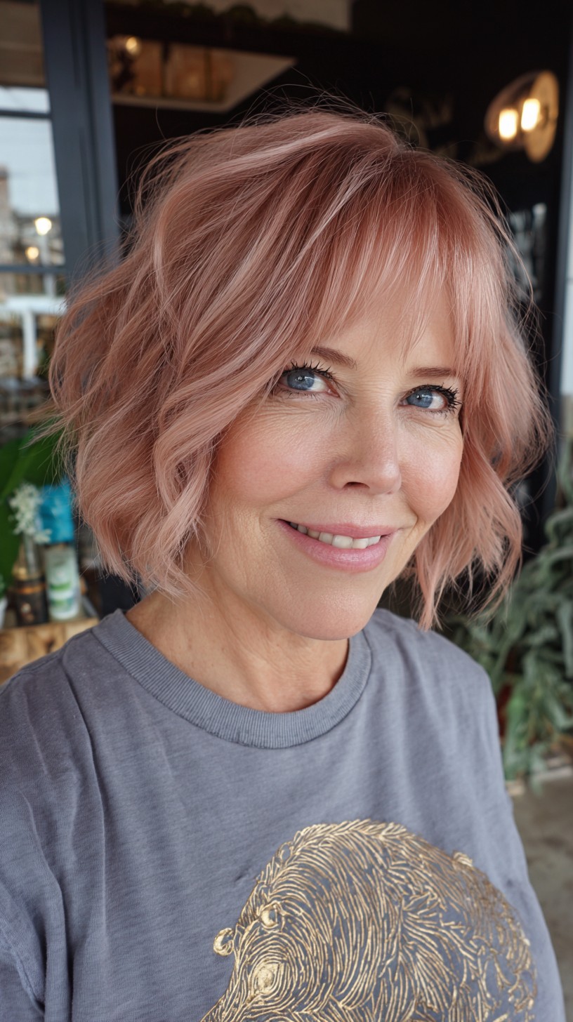Rosy Pastel Textured Chin-Length Bob with Wispy Micro-Bangs