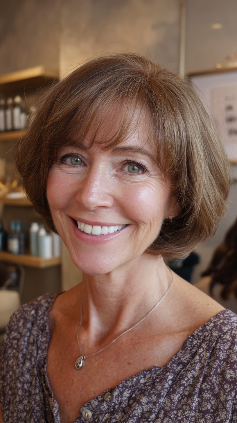 Rounded Chin-Length Bob with Feathered Brow Fringe and Subtle Gray Blend