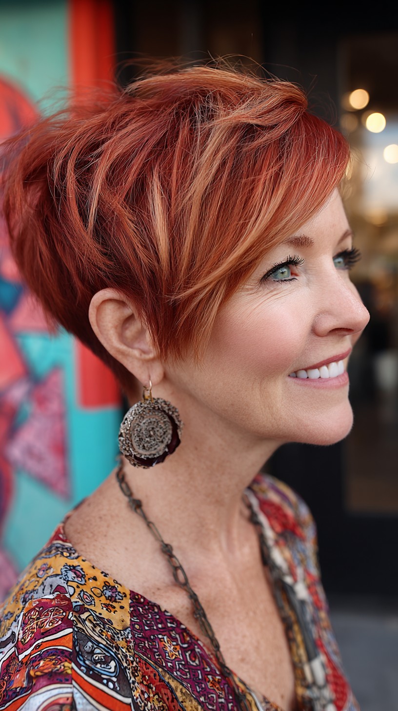 Rusty Copper Layered Pixie with Sculpted Diagonal Fringe