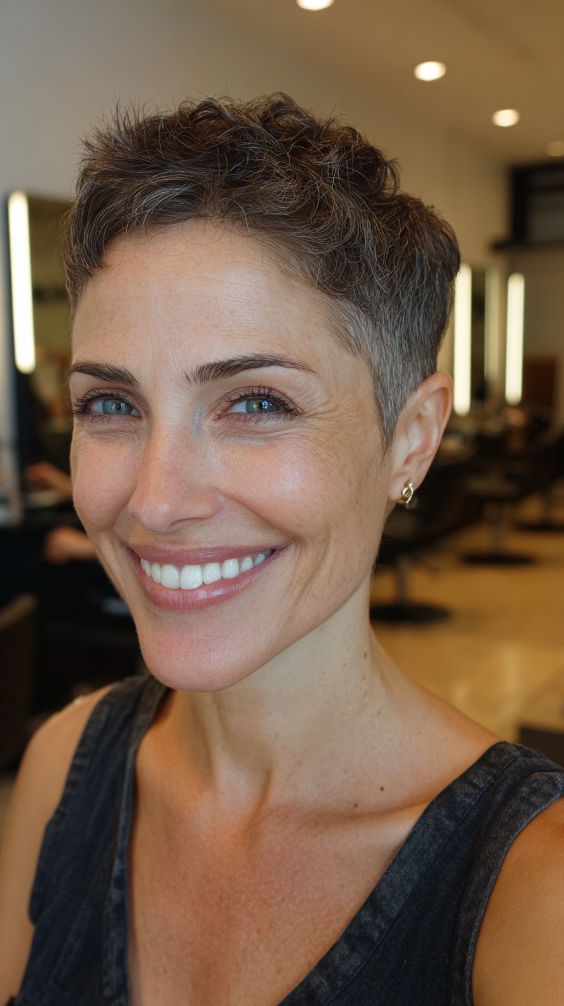 Salt-and-Pepper Short Pixie with Crown Lift and Tapered Sides