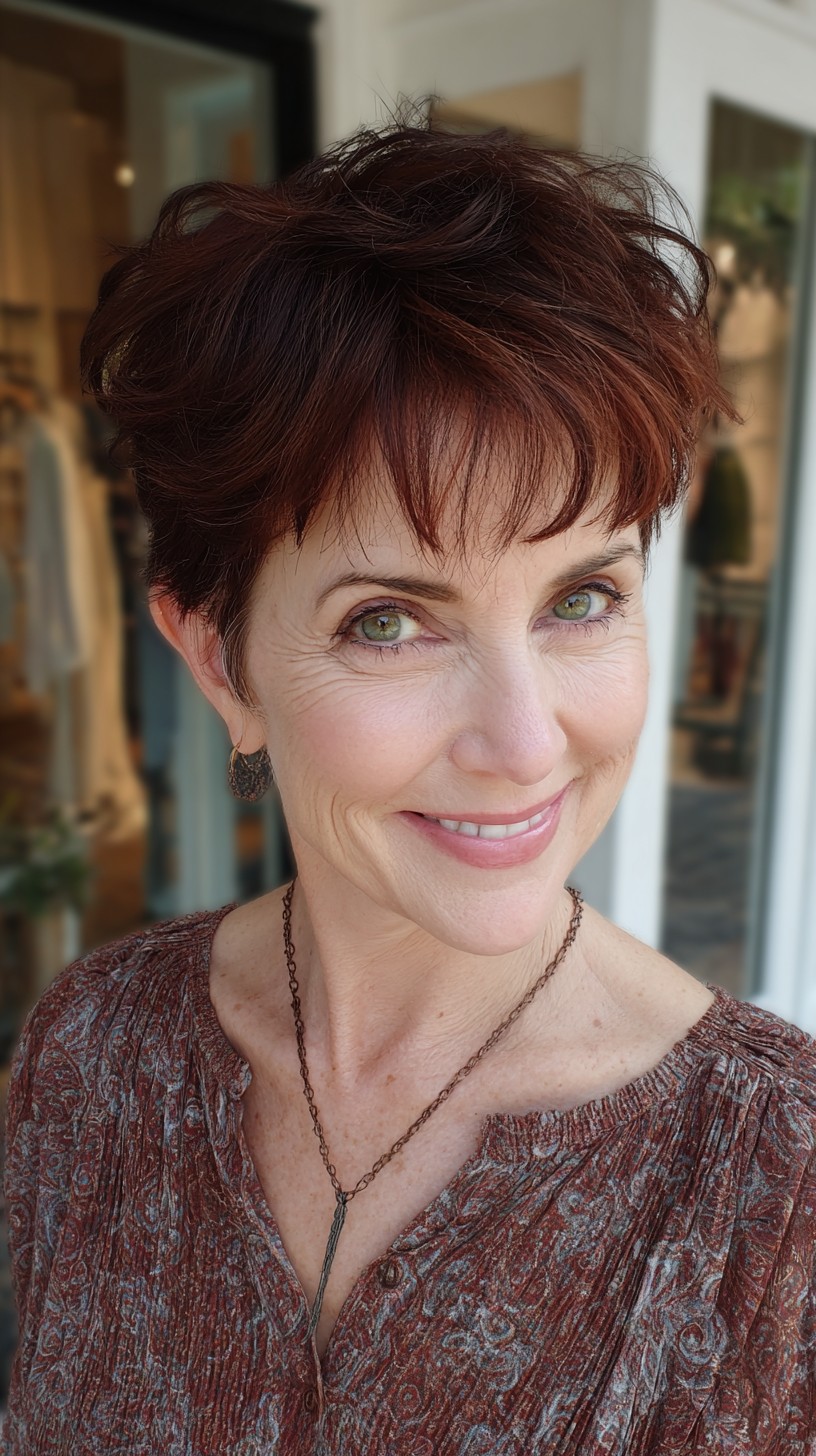 Short Chestnut Pixie Shag with Wispy Micro-Bangs and Lifted Crown