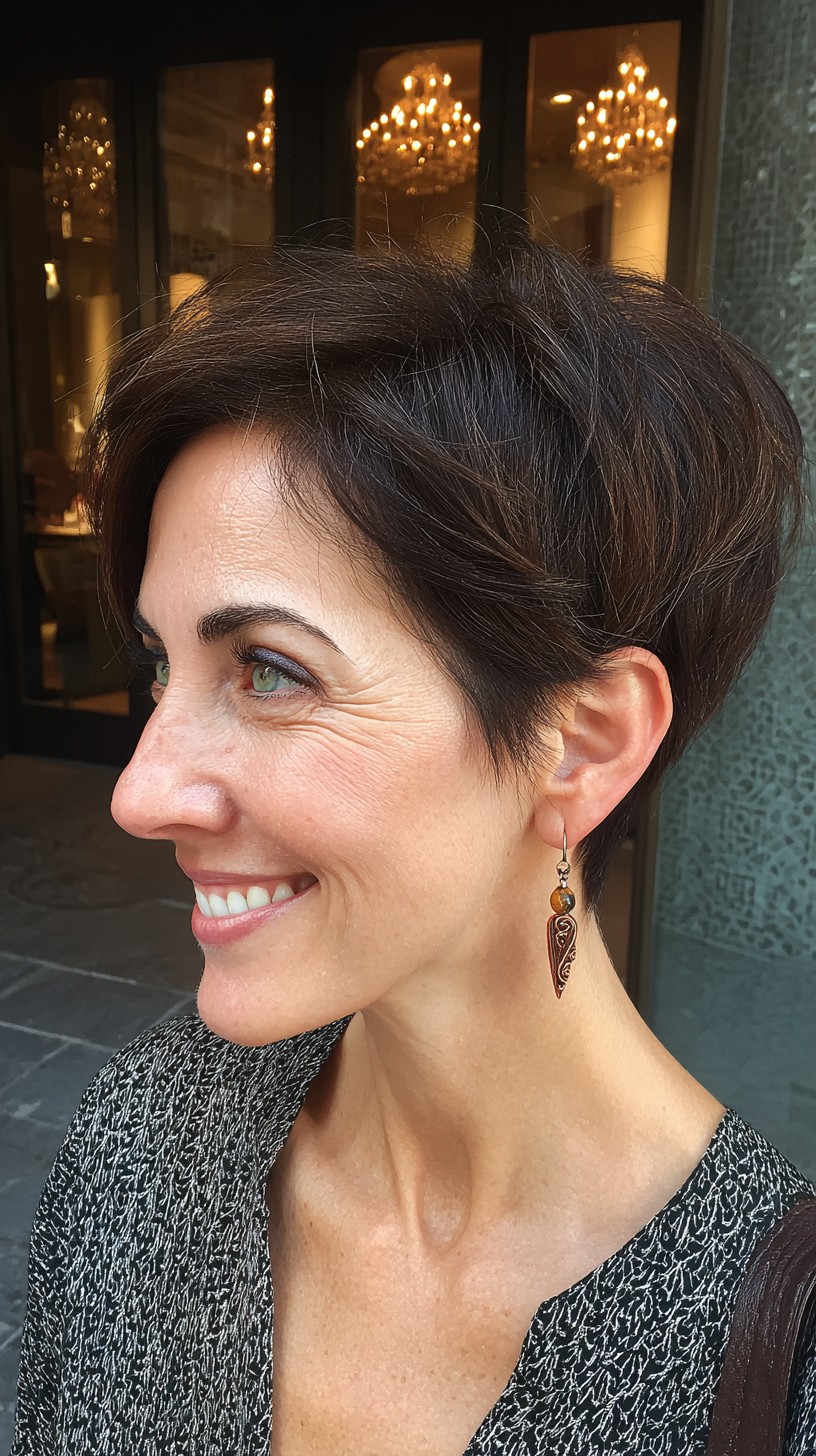 Short Chocolate Stacked Pixie with Lifted Crown and Soft Diagonal Fringe