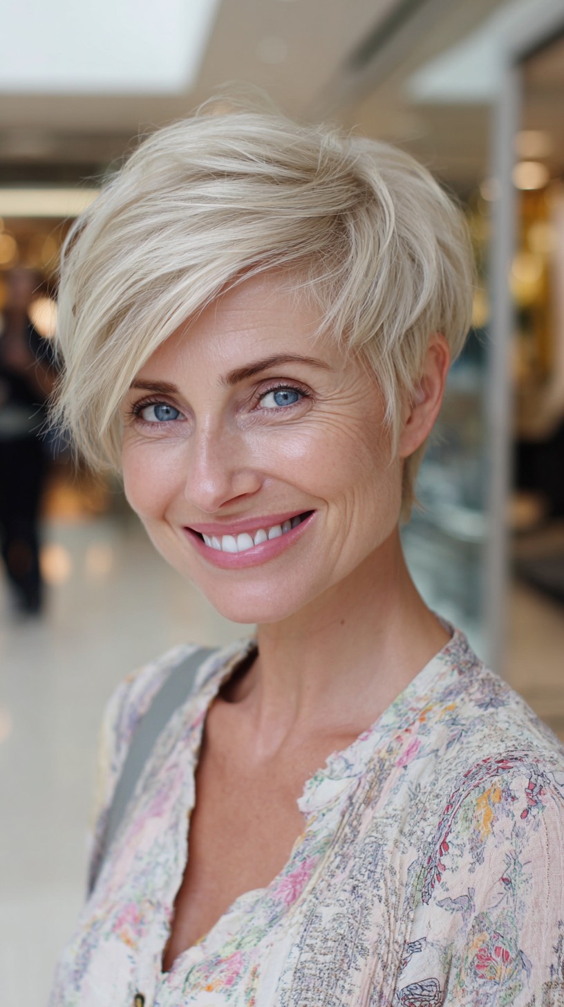 Short Cool-Blonde Pixie with Angled Fringe and Subtle Nape Taper