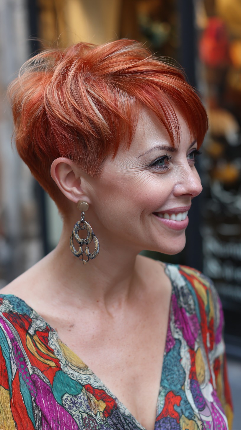 Short Copper Micro-Pixie with Feathered Crown and Face-Framing Fringe