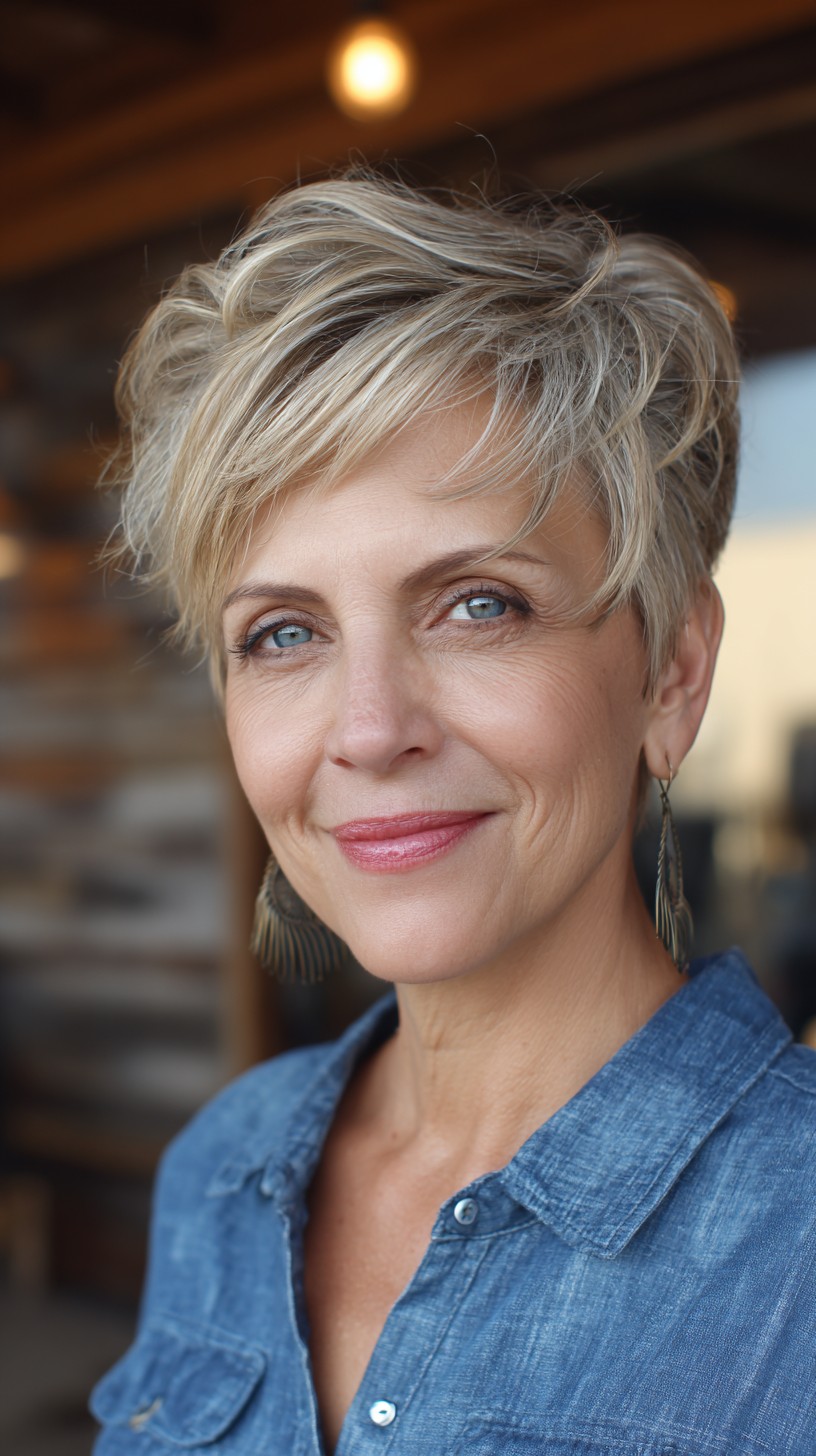 Short Layered Platinum Pixie with Textured Crown and Shadow Root
