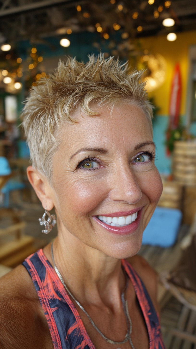 Short Spiky Platinum-Blonde Pixie with Tapered Nape and Face-Lifting Fringe
