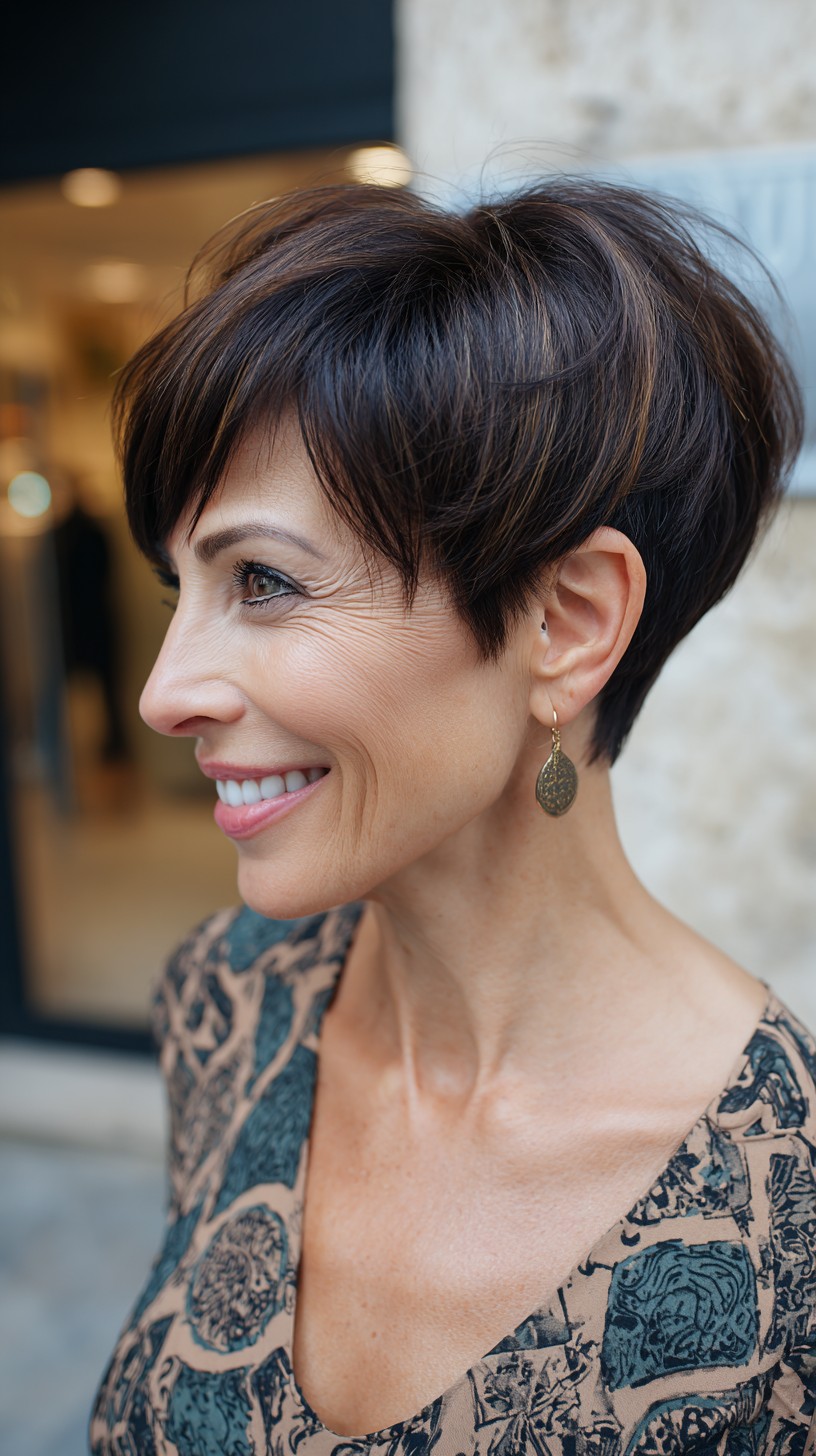 Short Stacked Chocolate Pixie with Temple-Grazing Fringe