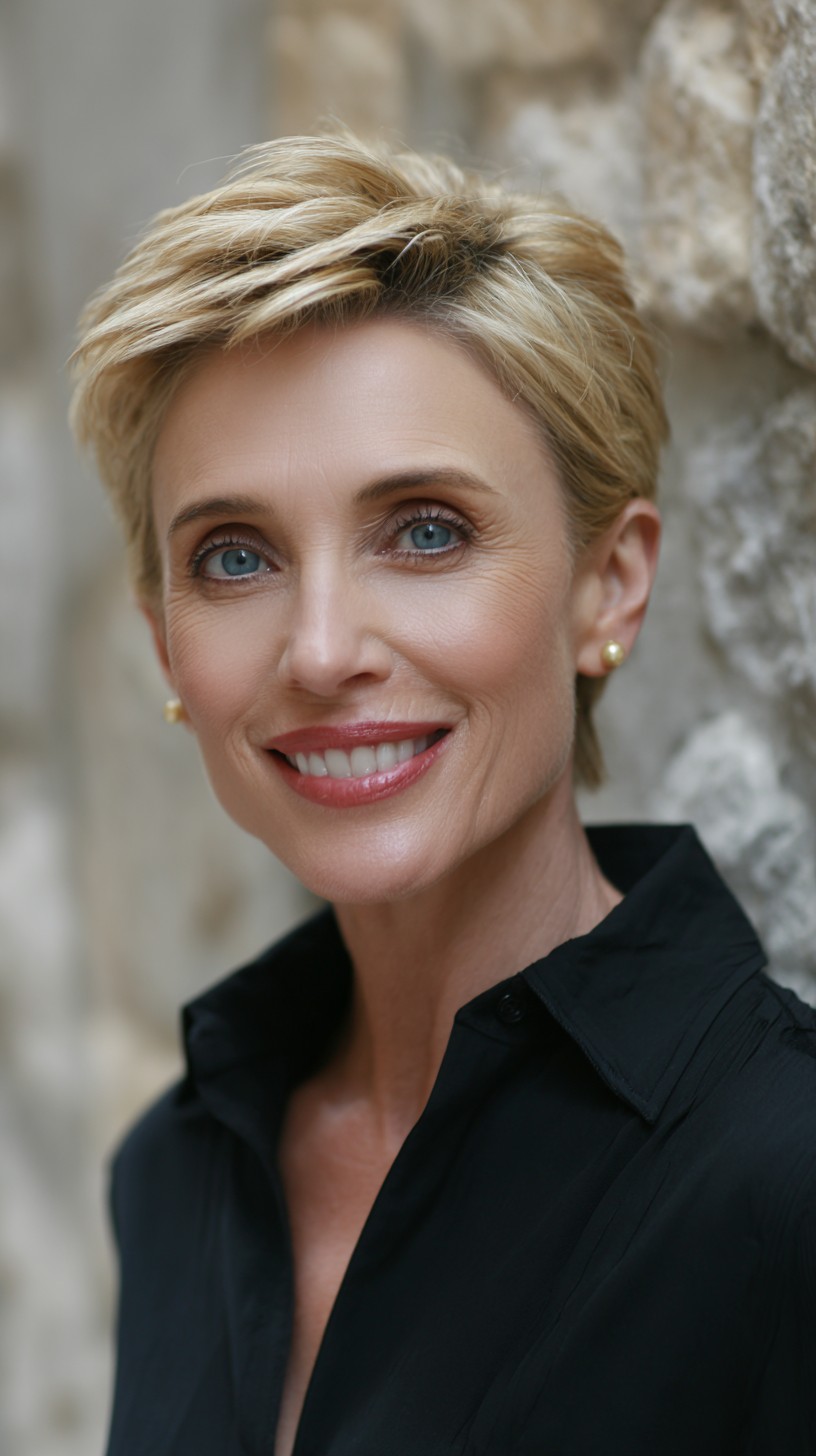 Short Textured Blonde Pixie with Root Shadow and Lift