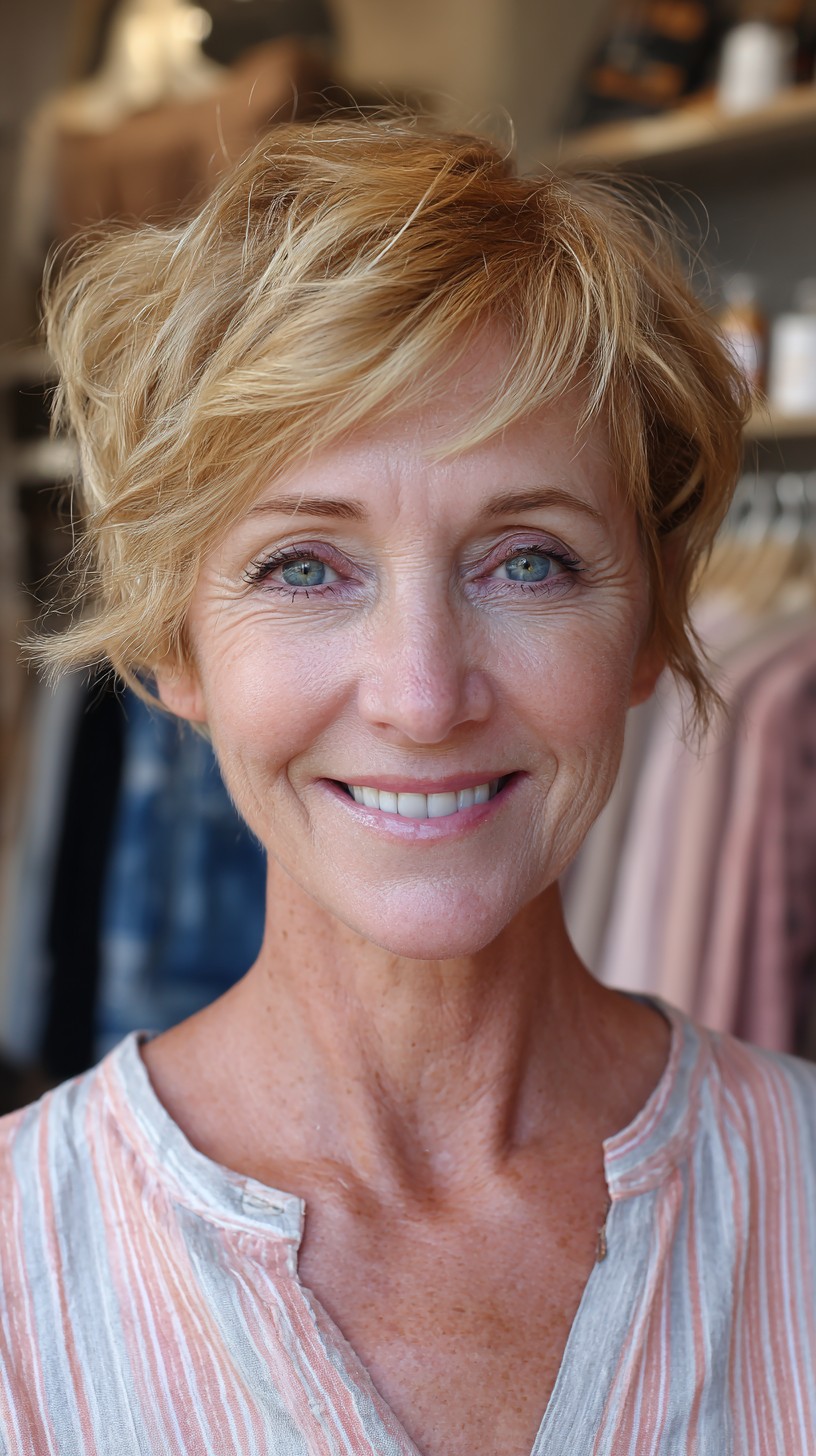 Short Textured Blonde Pixie Shag with Asymmetrical Face‑Framing Layers