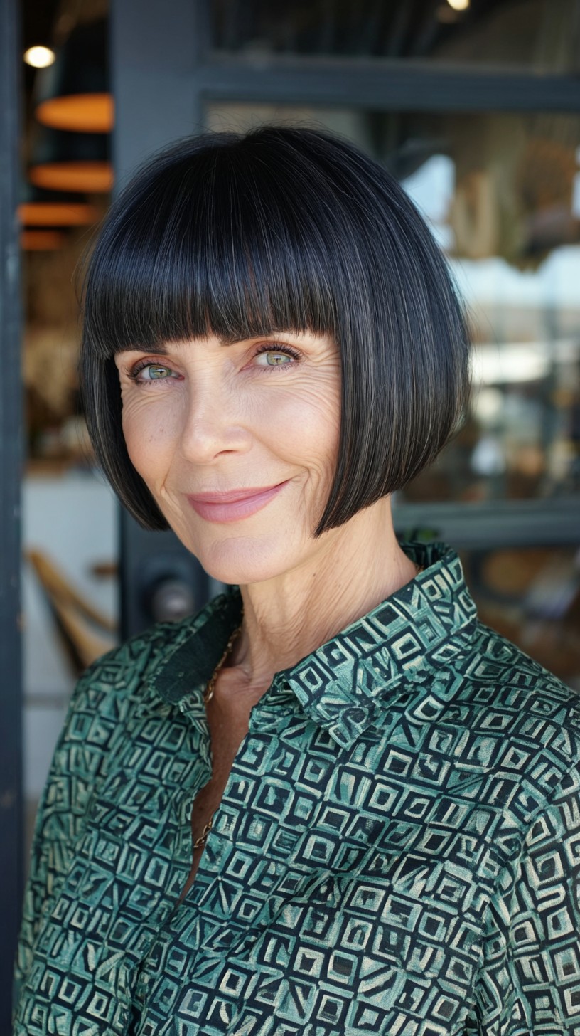 Sleek Angled Chin-Length Bob with Full Blunt Fringe