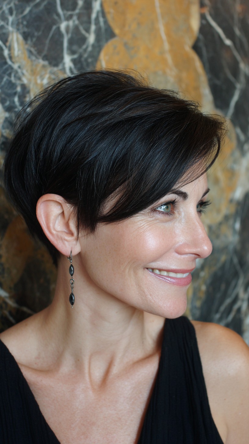 Sleek Short Angled Pixie with Tapered Nape and Side-Swept Fringe