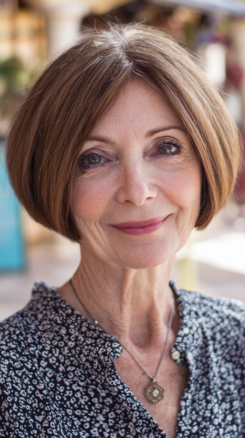 Smooth Chocolate Short Bob with Subtle Silver Root Shadow