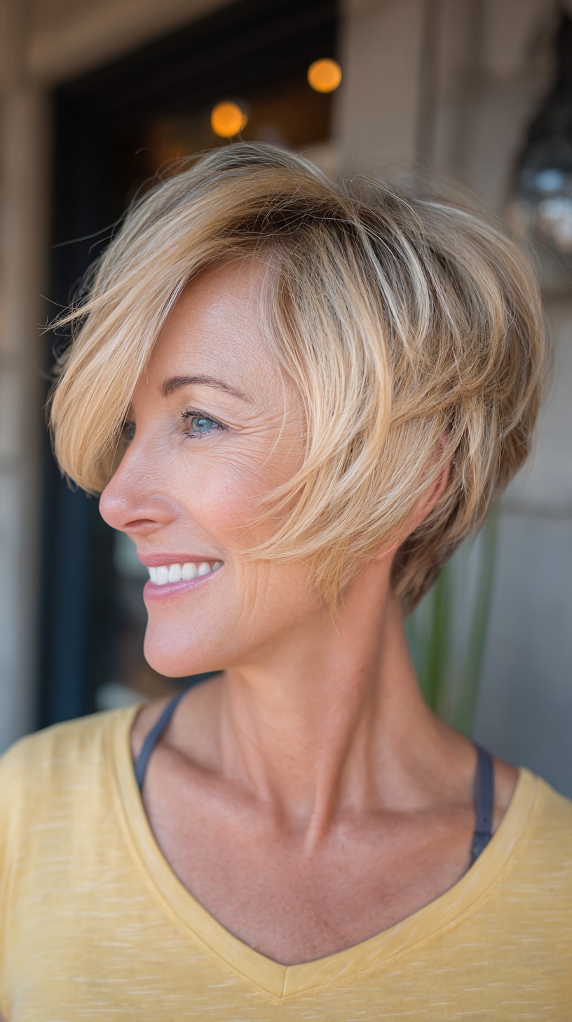 Soft Angled Blonde Pixie with Long Diagonal Fringe