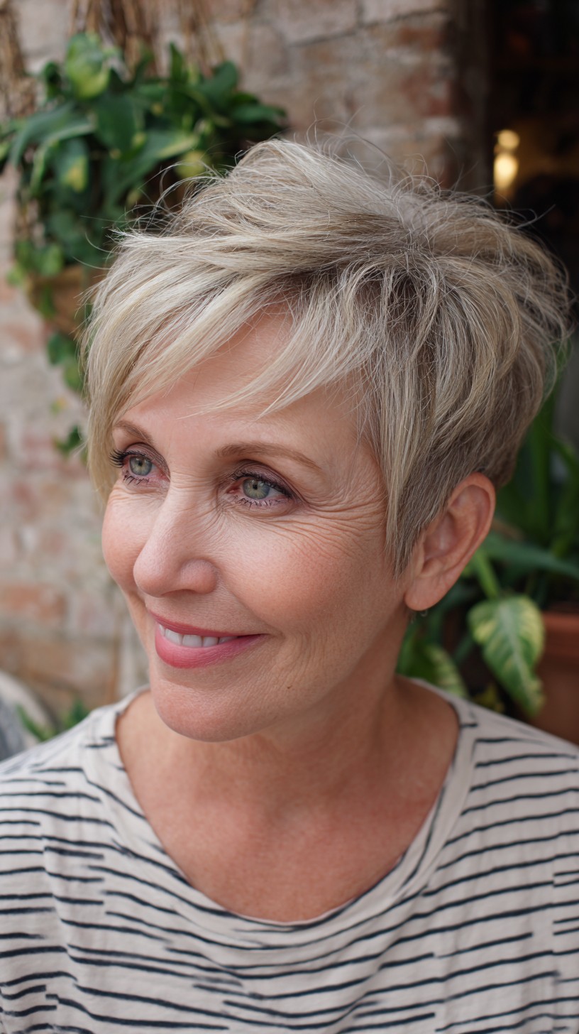 Soft Blonde Textured Pixie with Diagonal Fringe and Root Smudge