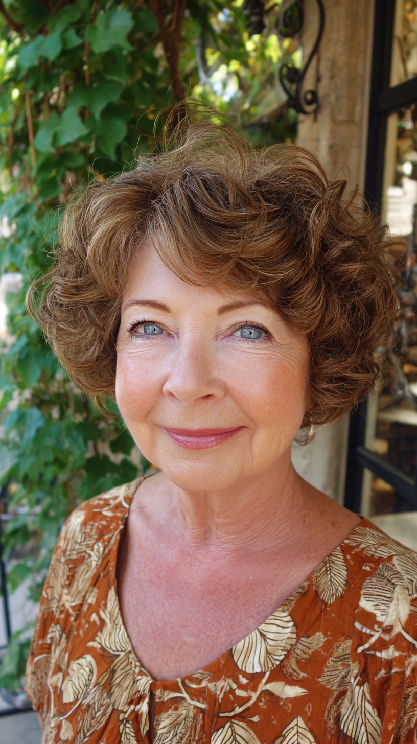 Soft Chestnut Curled Short Bob with Lifted Crown