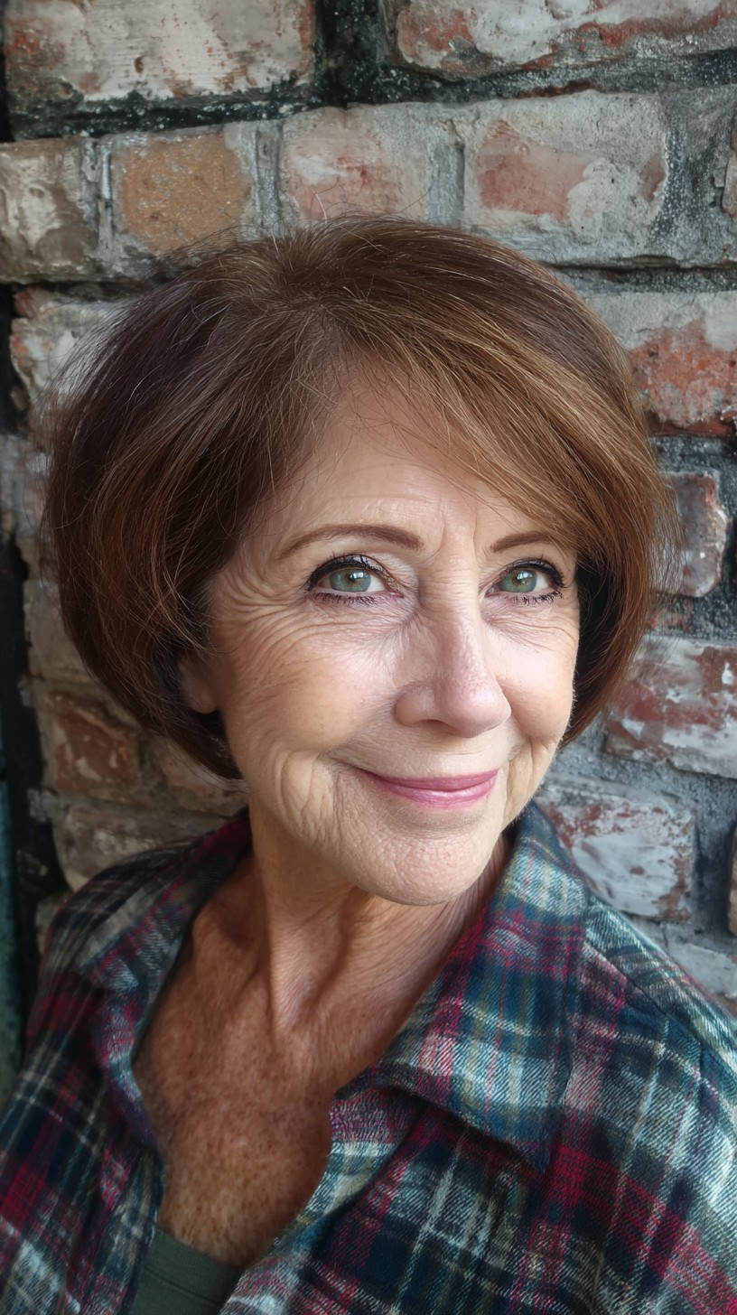 Soft Chestnut Rounded Short Bob with Long Side‑Sweep
