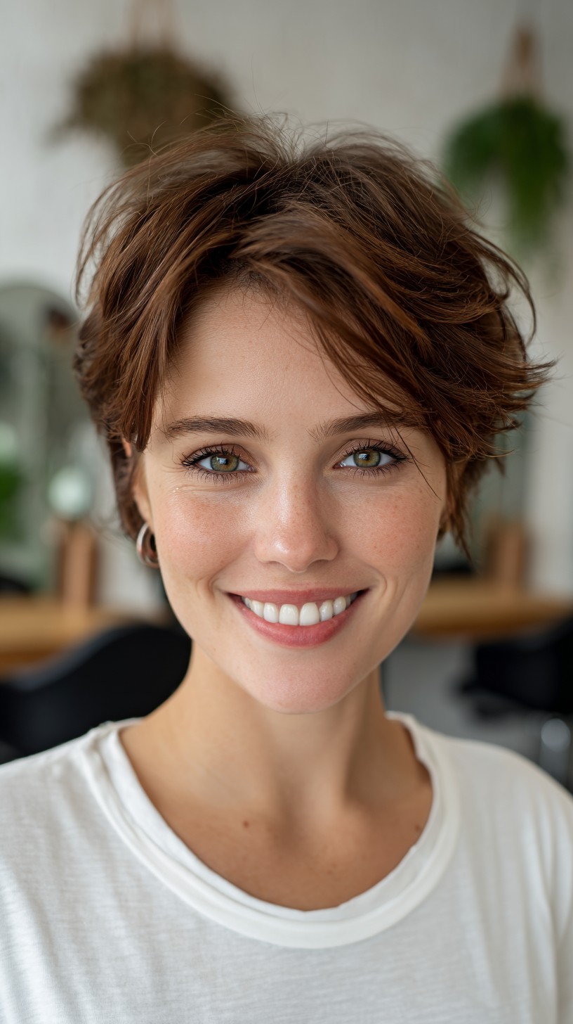 Soft Chestnut Textured Pixie with Crown Lift and Side-Swept Fringe