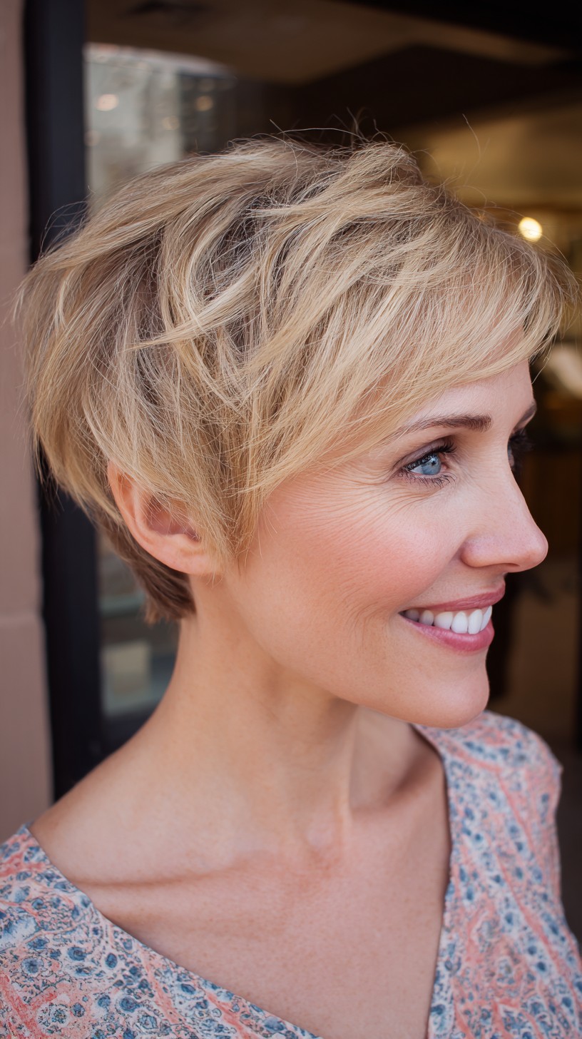 Soft Feathered Blonde Angled Pixie with Hidden Depth