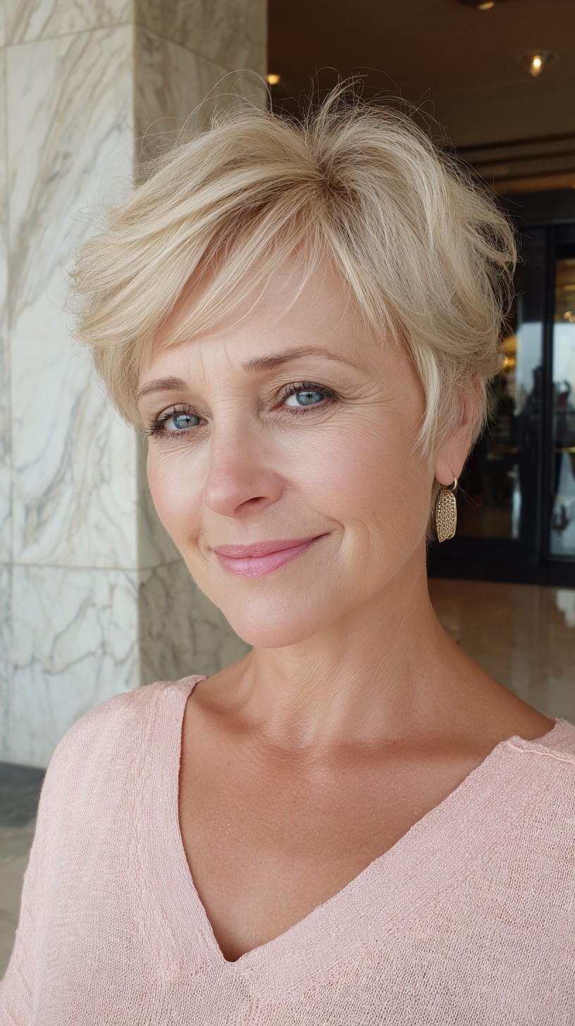 Soft Layered Blonde Pixie with Feathered Fringe and Lifted Crown