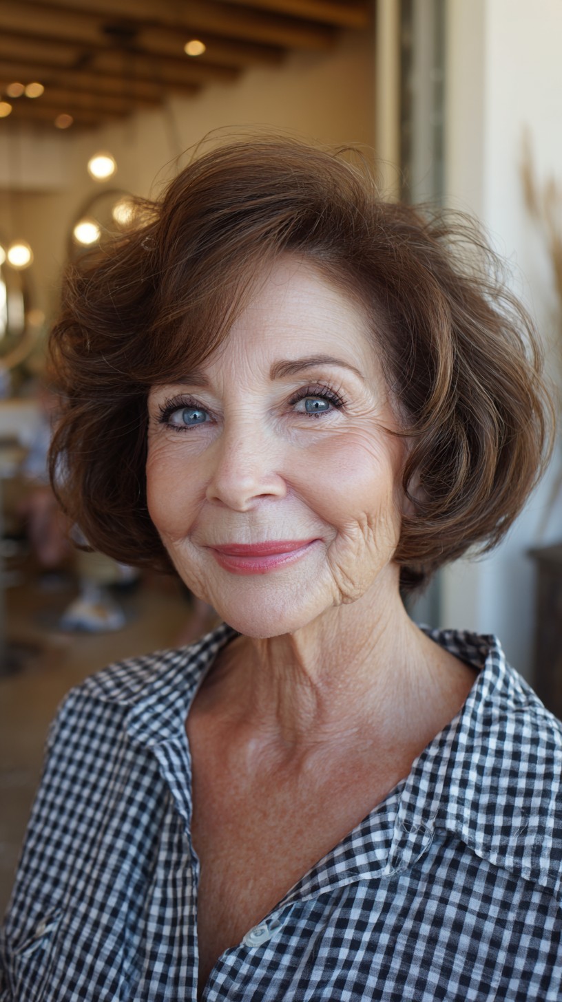 Soft Rooted Chestnut Rounded Short Bob with Lifted Crown