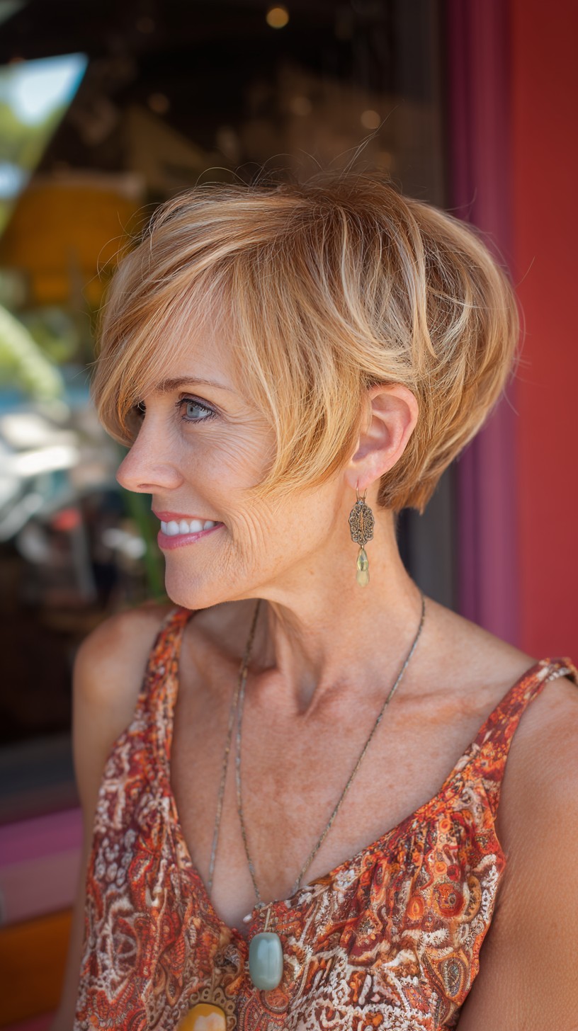 Sunlit Layered Stacked Pixie with Face-Framing Fringe