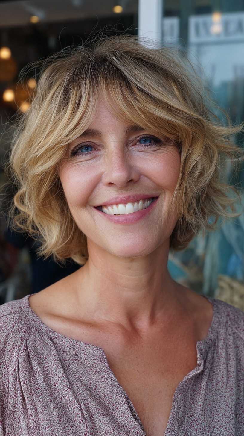 Textured Blonde Chin-Length Bob with Piecey Curtain Bangs