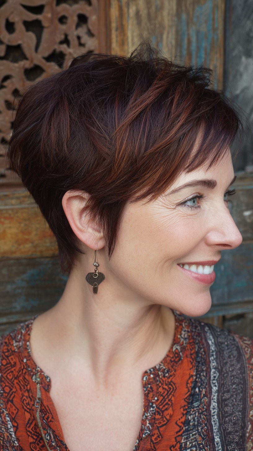 Textured Chestnut Pixie with Subtle Auburn Face-Framing Highlights