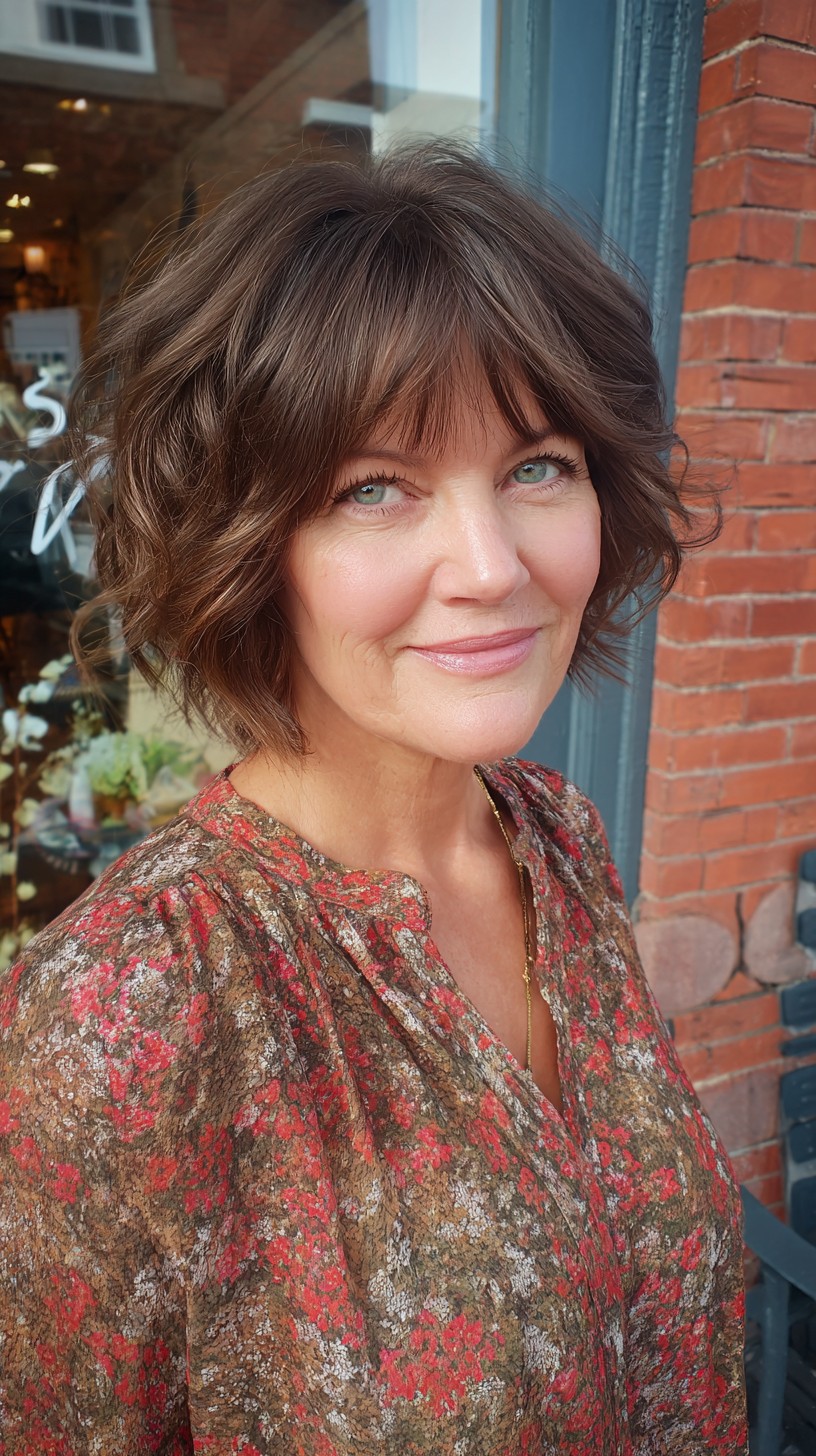 Textured Chocolate Chin-Length Bob with Soft Micro Fringe