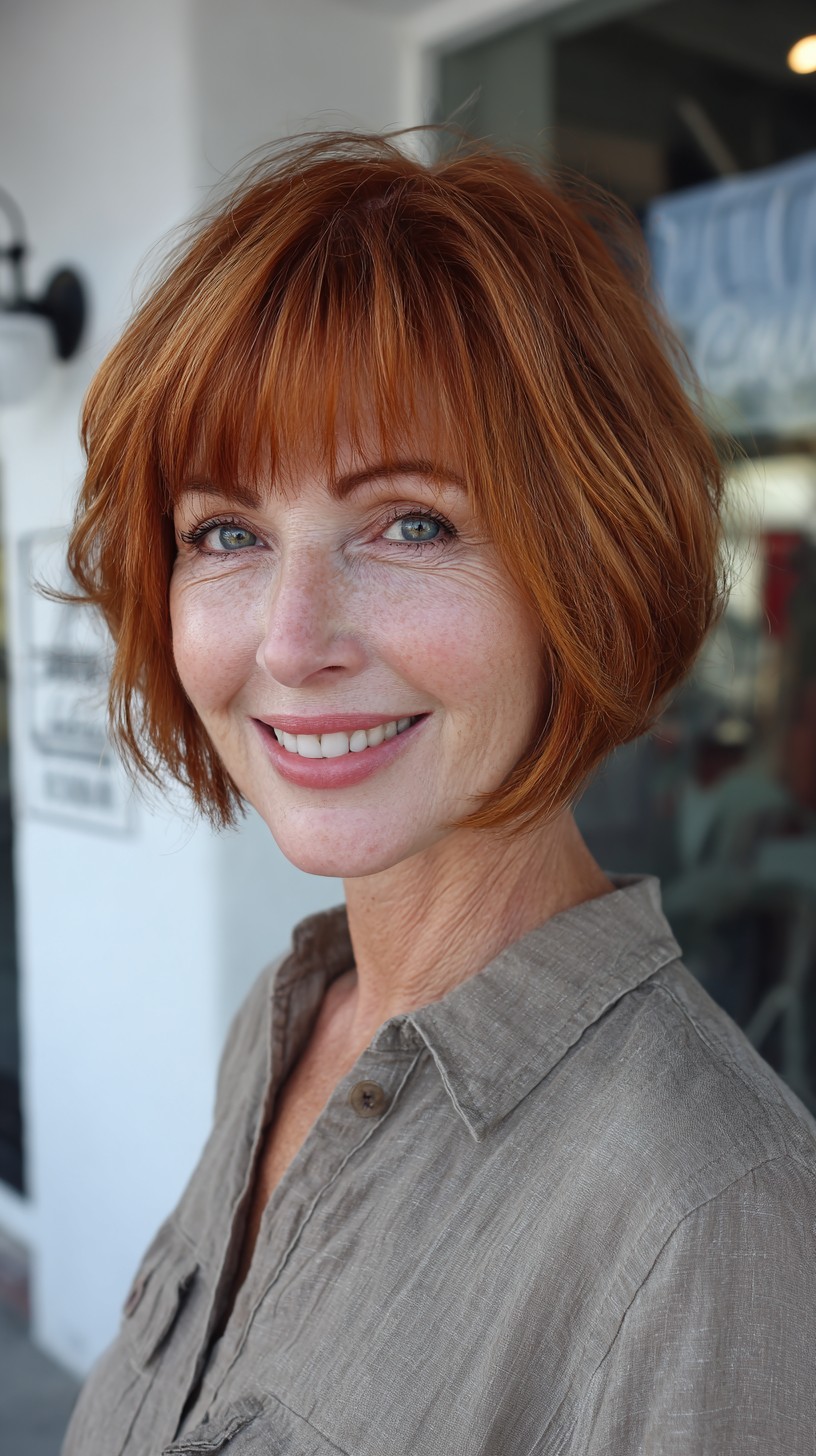Textured Copper Chin-Length Bob with Feathered Blunt Bangs