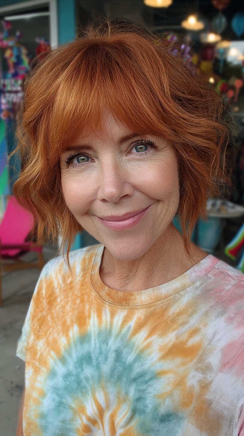 Textured Copper Chin-Length Bob with Feathered Fringe