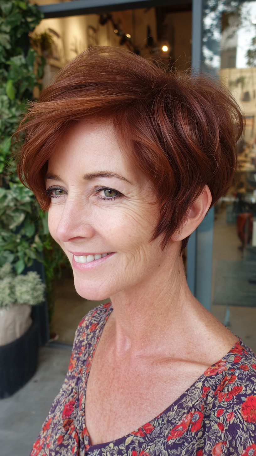 Textured Copper Pixie with Angled Side-Swept Fringe
