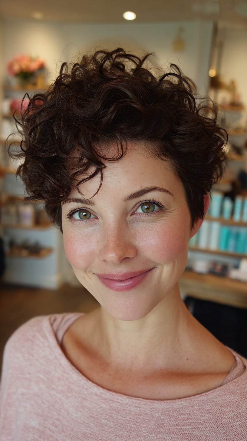 Textured Curly Pixie with Long Side Fringe