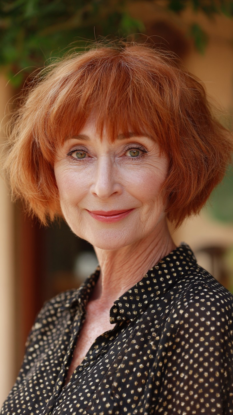 Textured Ginger Short Bob with Feathered Fringe and Natural Lift